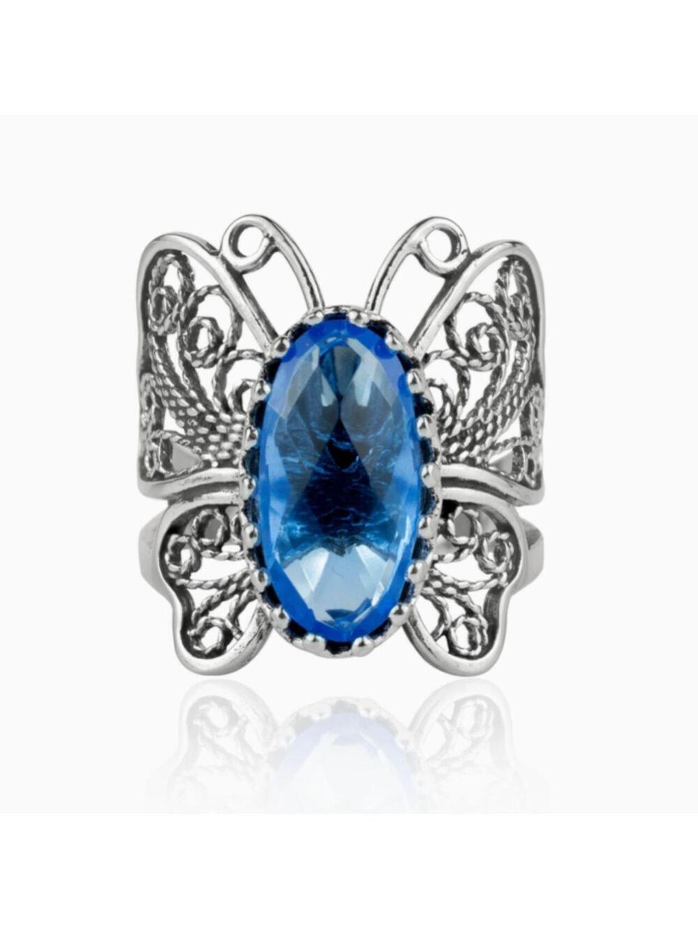 Art Blue Quartz Gemstone Women Butterfly Sterling Silver Ring